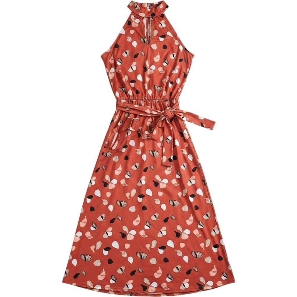 Women Burnt Dress Orange Butterfly Halter Belt Keyhole Neck Full Vacation